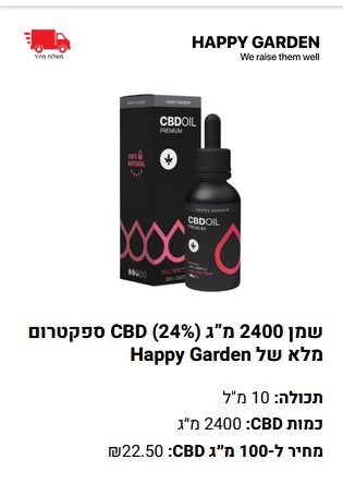 שמן סיבידי בריכוז של 24%, מכיל 2400 מ”ג  CBD במיצוי ספקטרום מלא של Happy Garden. כמות סיבידי בבקבוק 2,400 מ"ג.